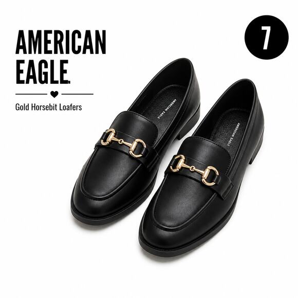 American Eagle Shoes - American Eagle Black Loafers Gold Horsebit Slip On Flats Womens 7